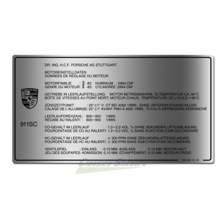 911 SC engine adjustment data label